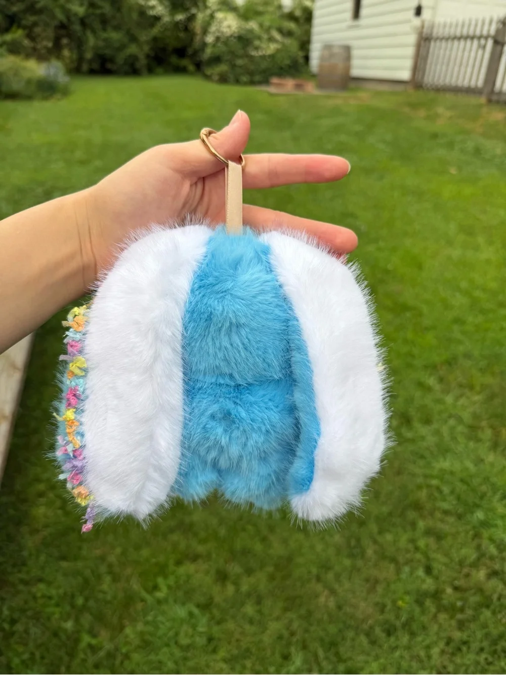 Adorable Blue Plush Bunny Keychain with Floral Trim backpack charm for birthday